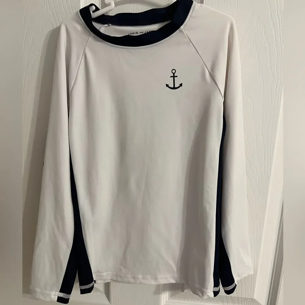 Janie and Jack LS Rash Guard (White & Navy Blue) Size 5